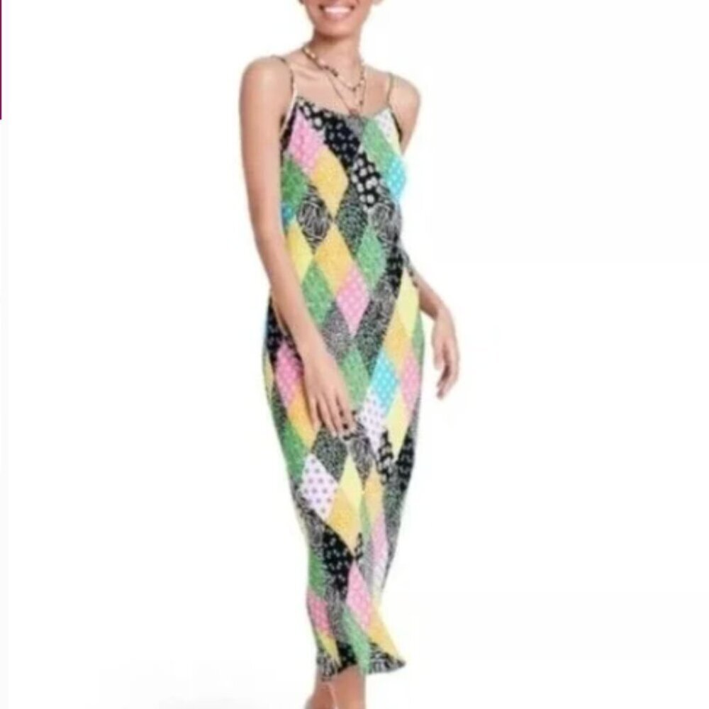 Rixo for Target Colorful Patch Print Slip Dress Spaghetti Strap Midi Size Small